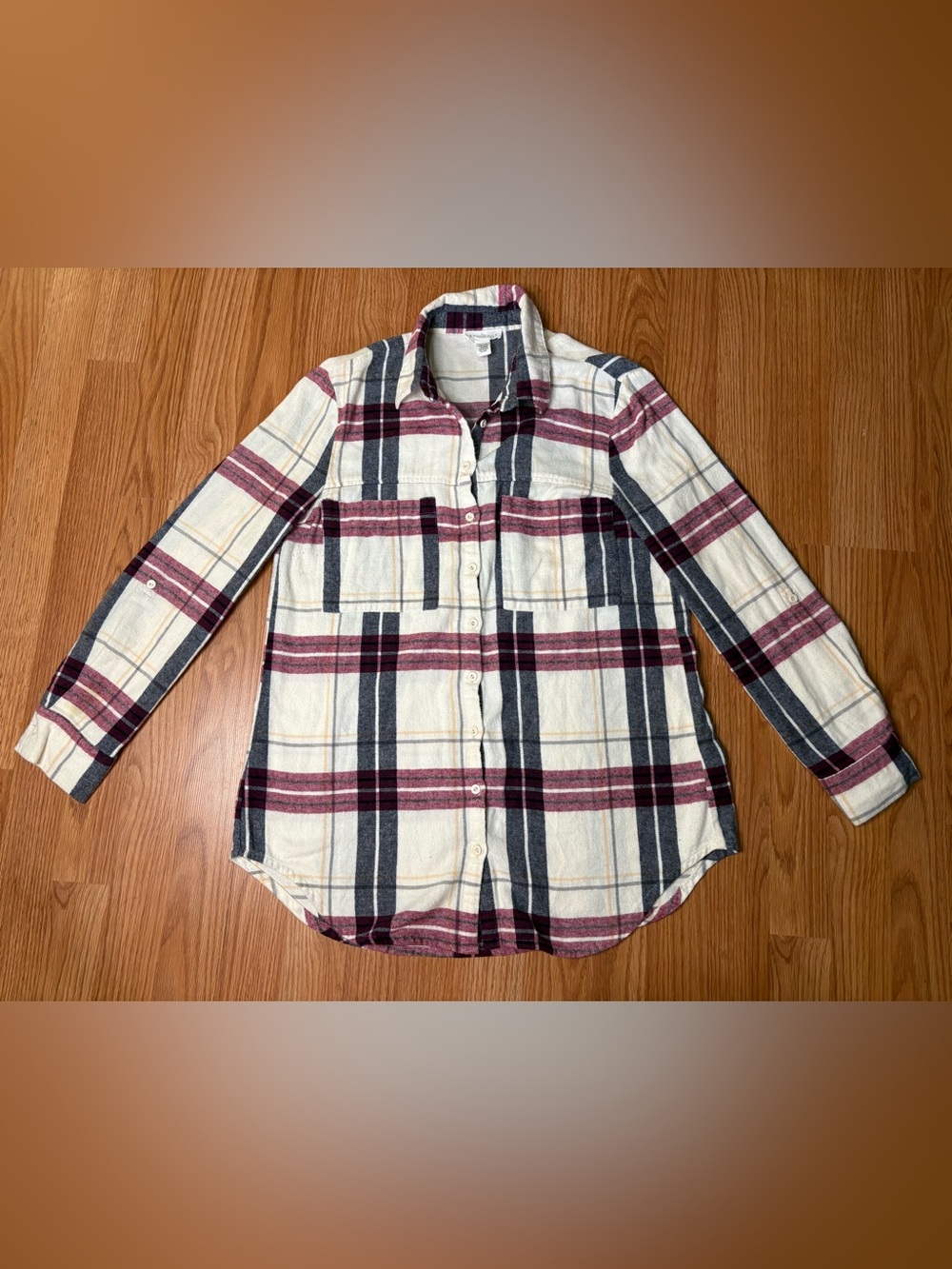 Full Tilt Cream Plaid Button-Down Shirt with Burgundy & Navy